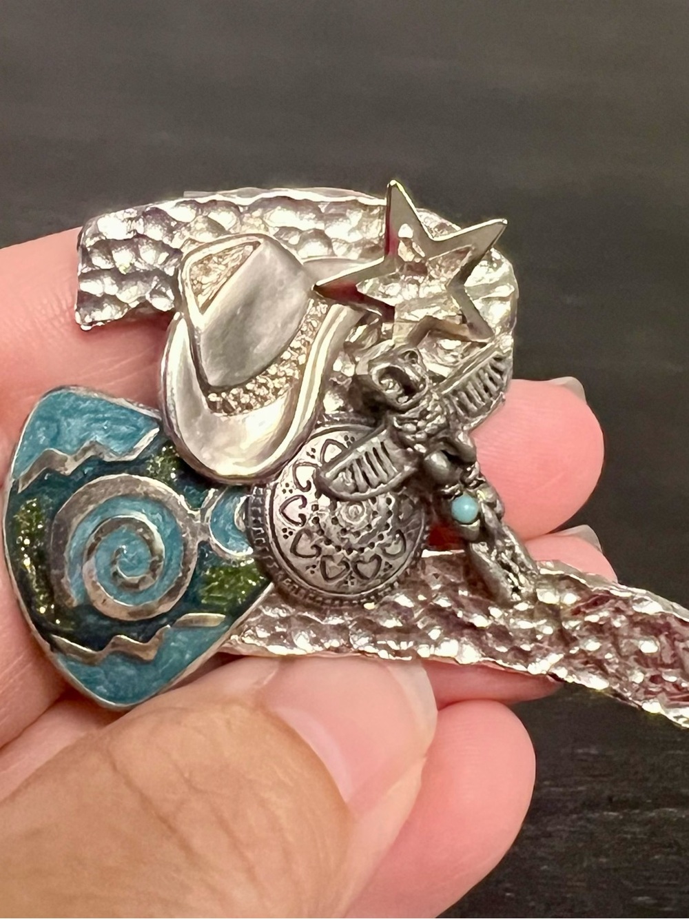 VTG JERI-LOU Western Cowboy Brooch Scarf Clip Turquoise Star Concho 2.5”